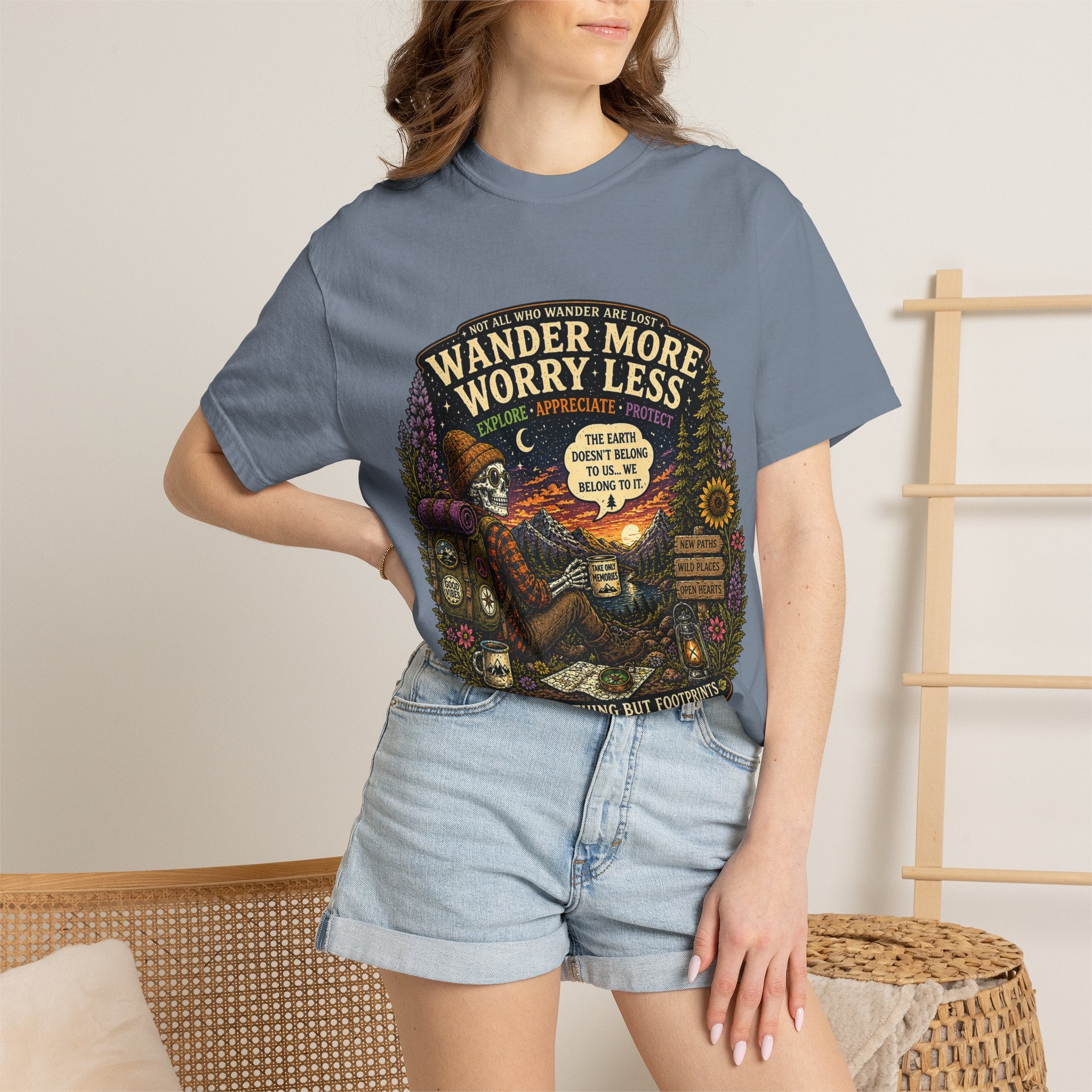 Wander More Worry Less T-Shirt — Adventure Travel Graphic Tee