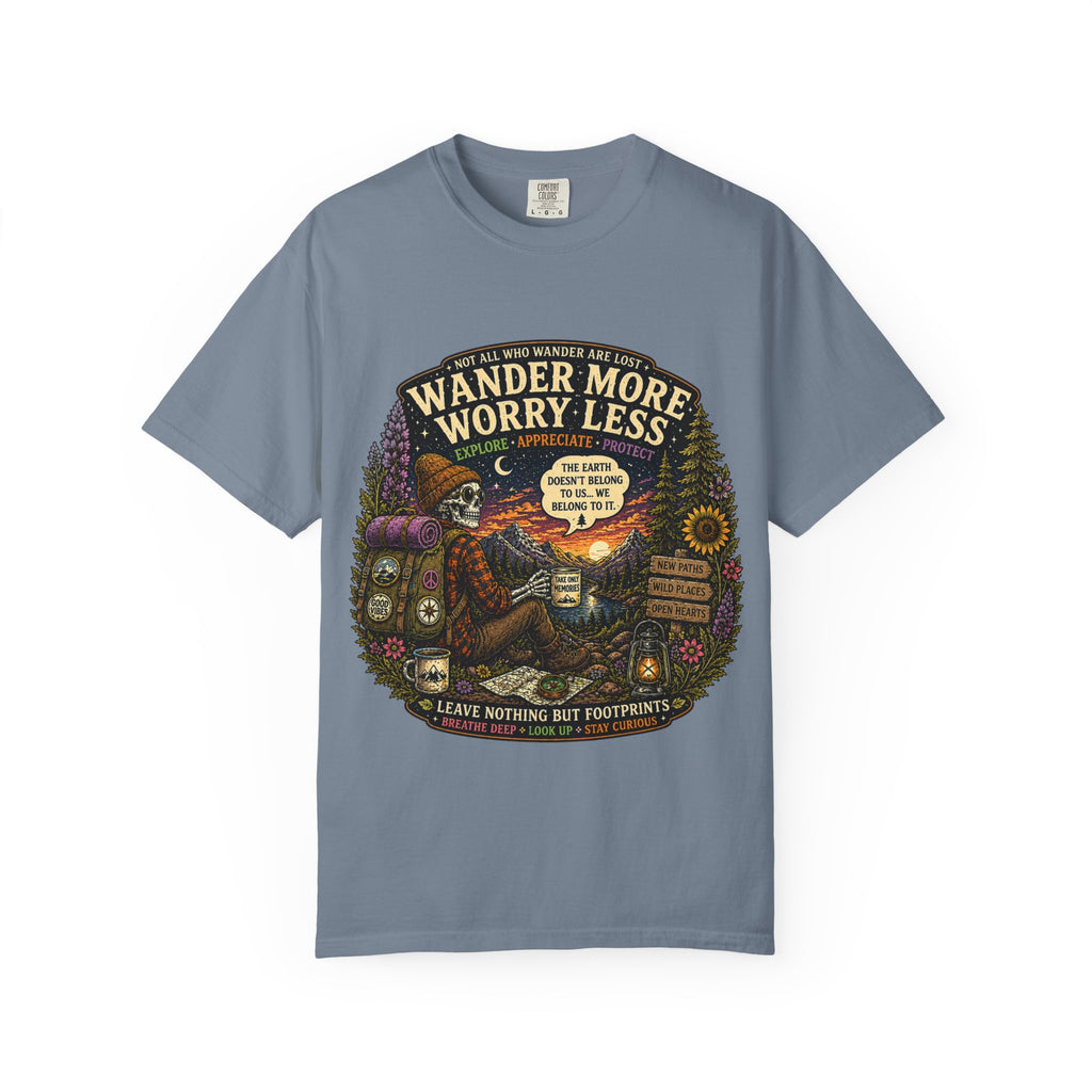 Wander More Worry Less T-Shirt — Adventure Travel Graphic Tee