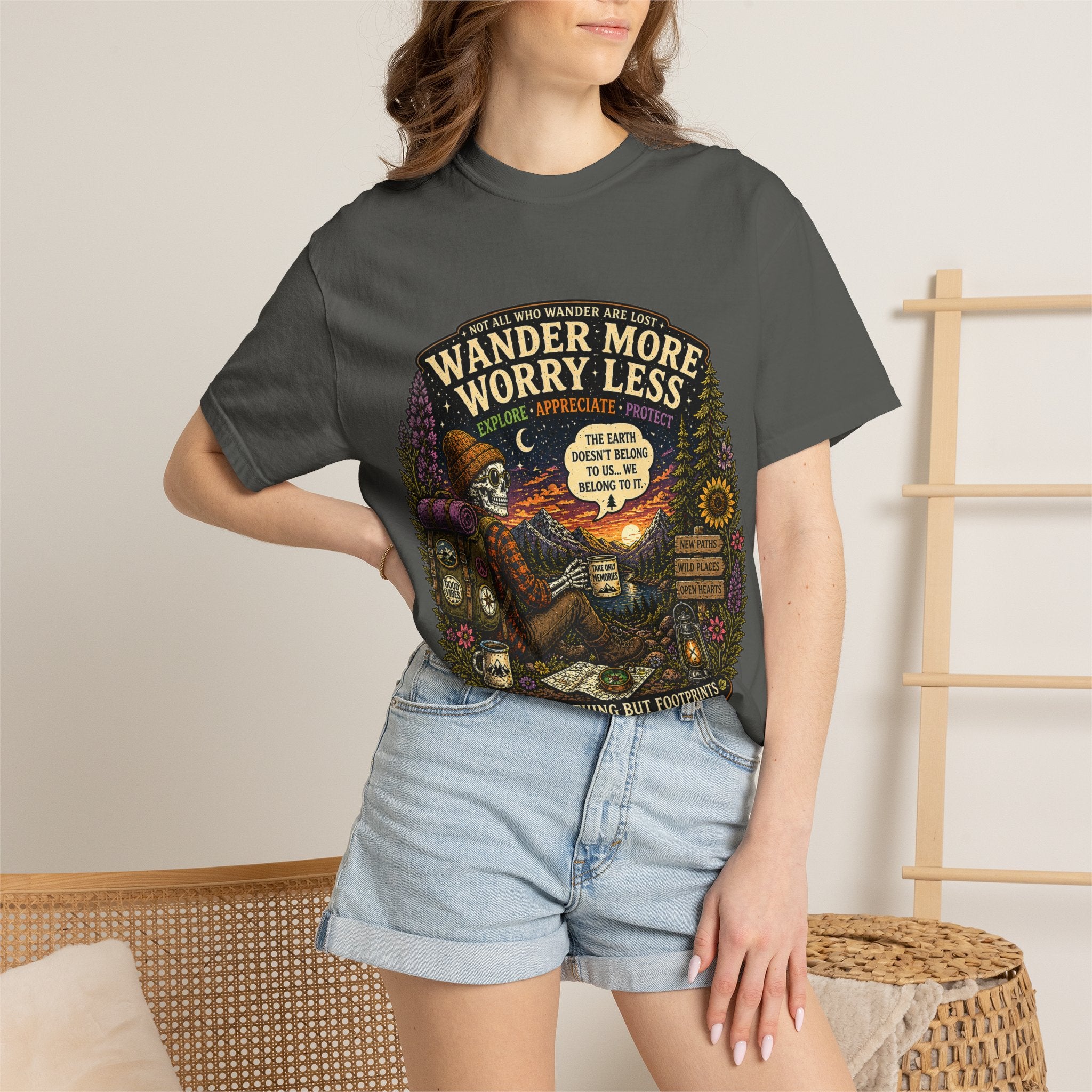 Wander More Worry Less T-Shirt — Adventure Travel Graphic Tee