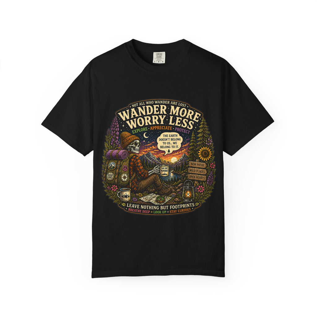 Wander More Worry Less T-Shirt — Adventure Travel Graphic Tee