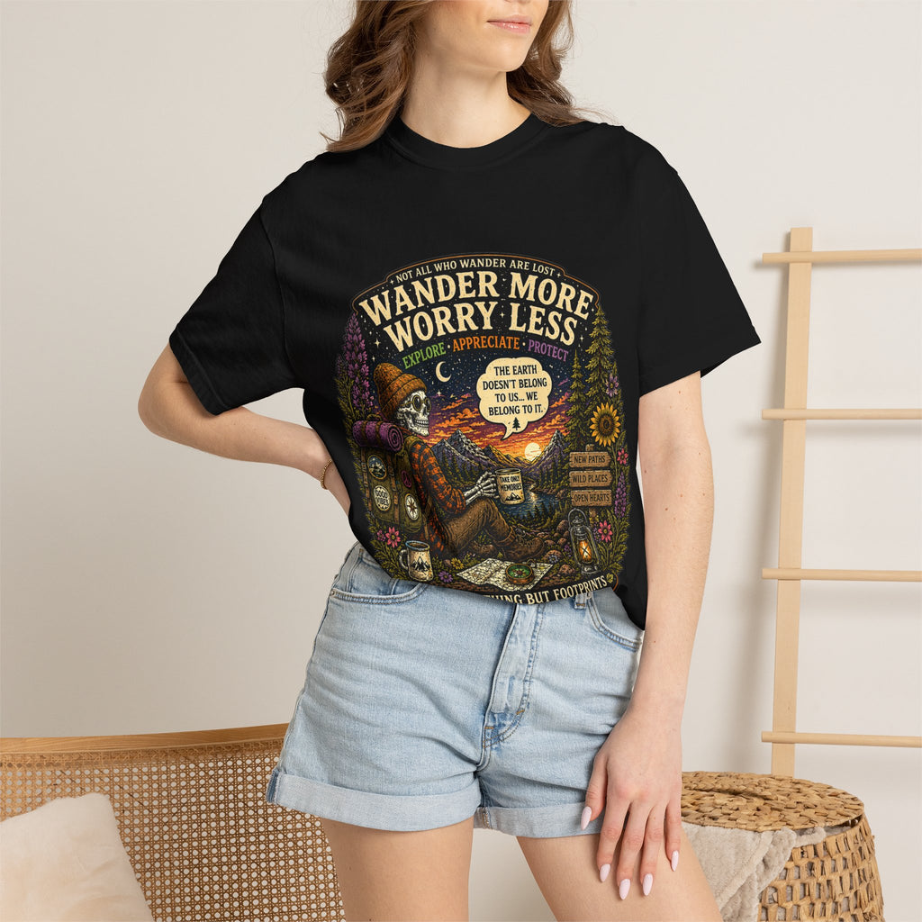 Wander More Worry Less T-Shirt — Adventure Travel Graphic Tee