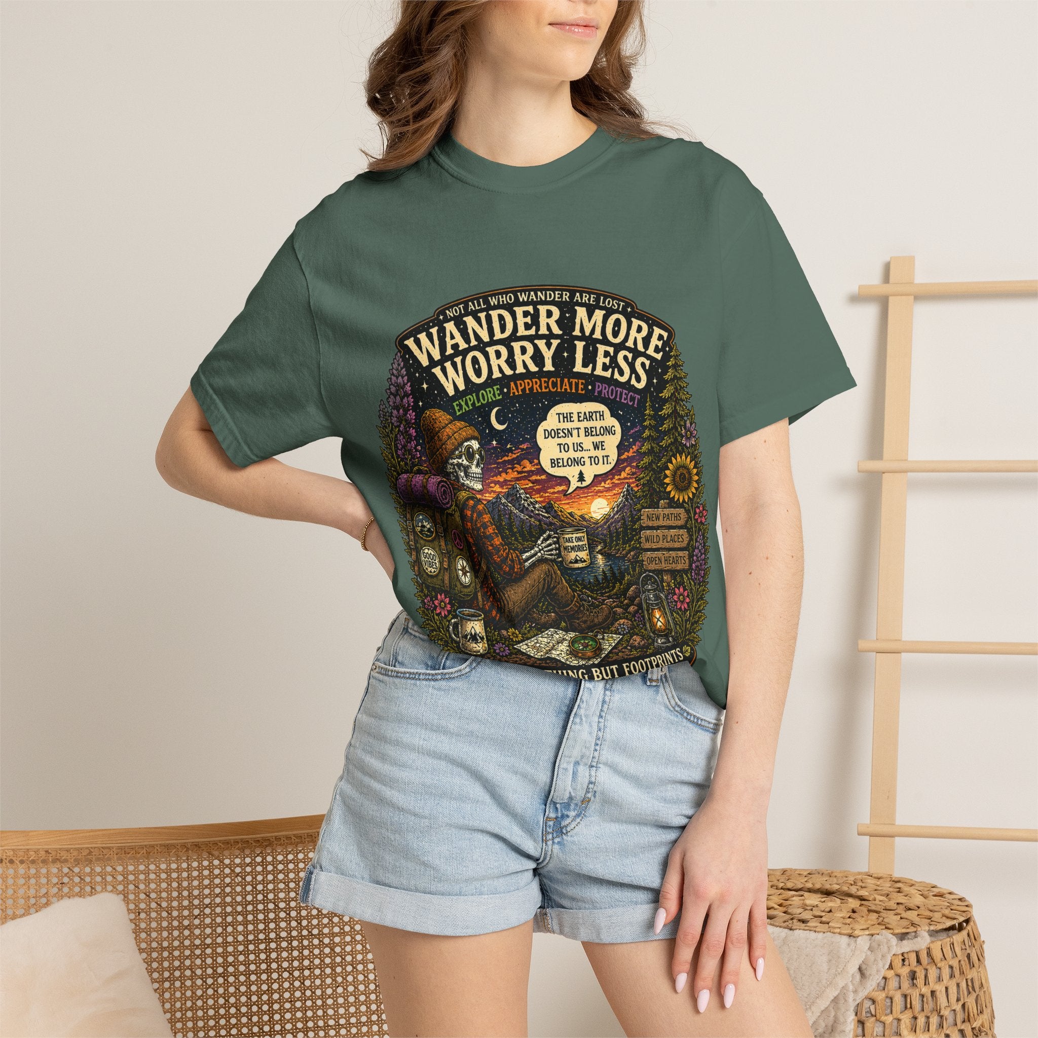 Wander More Worry Less T-Shirt — Adventure Travel Graphic Tee